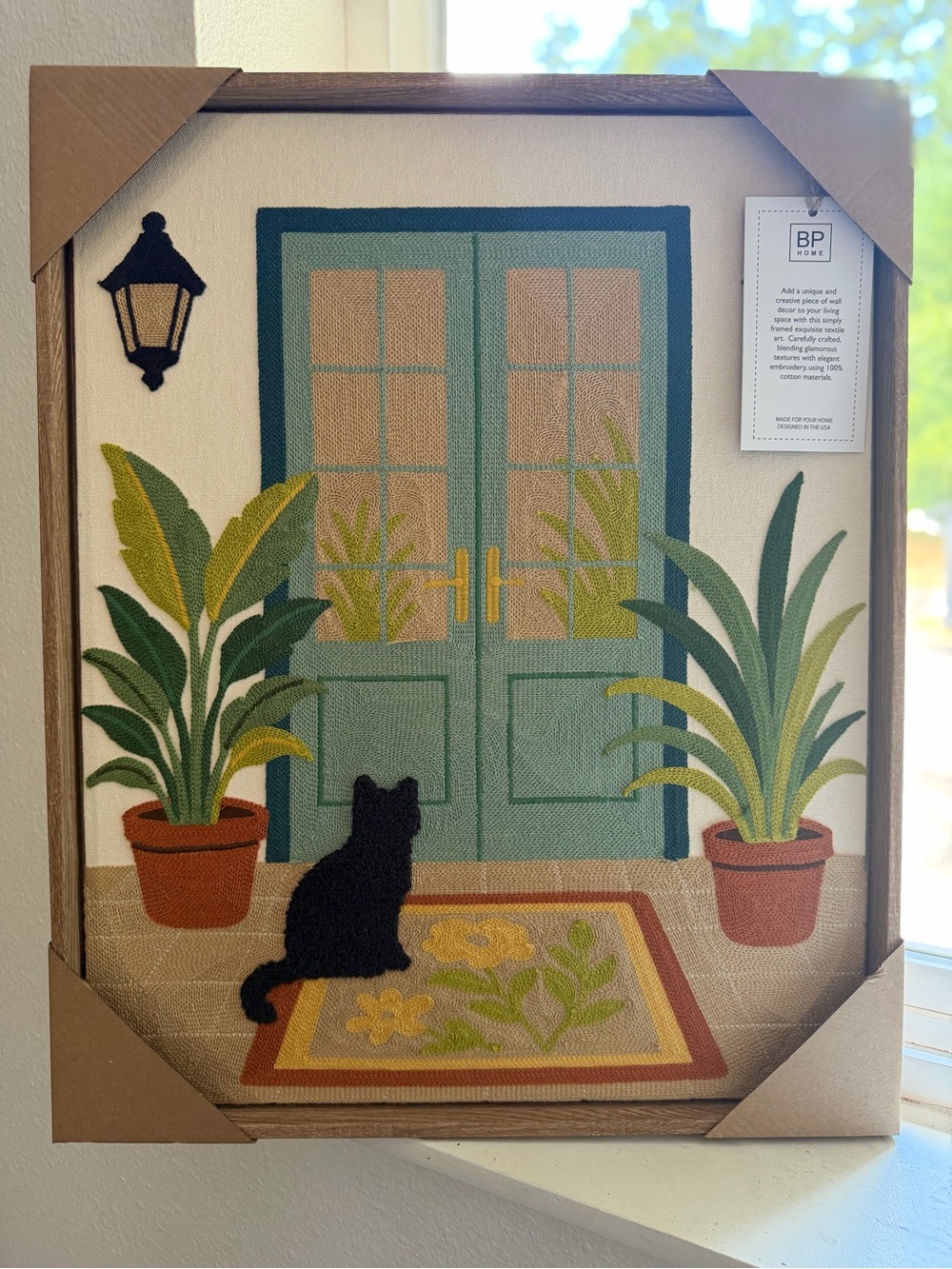 BP Home 17x21 Embroidered Woven Cat door Plants textile Wall Art
